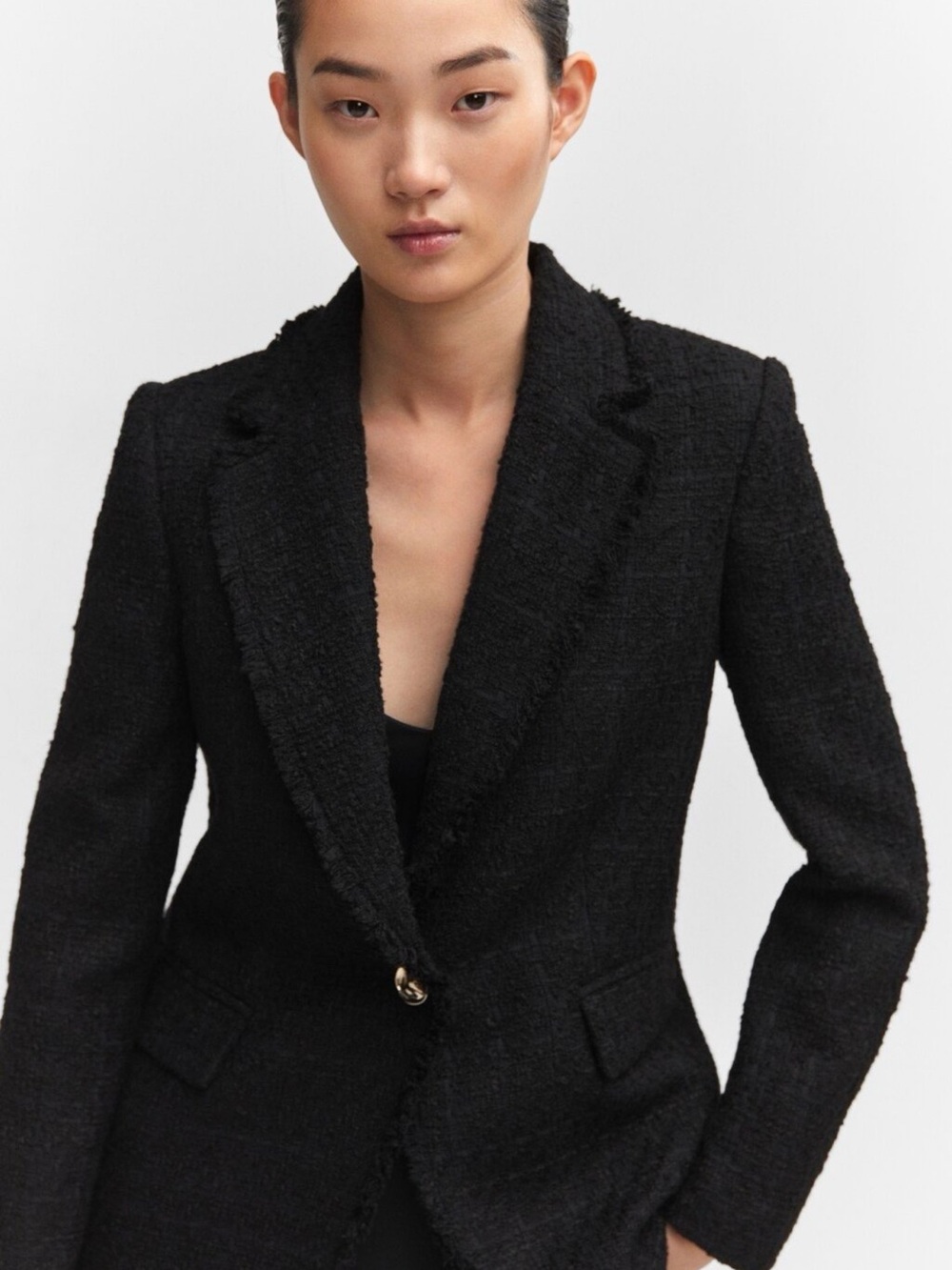Mango Black Textured Single-Button Tweed Bouclé Blazer